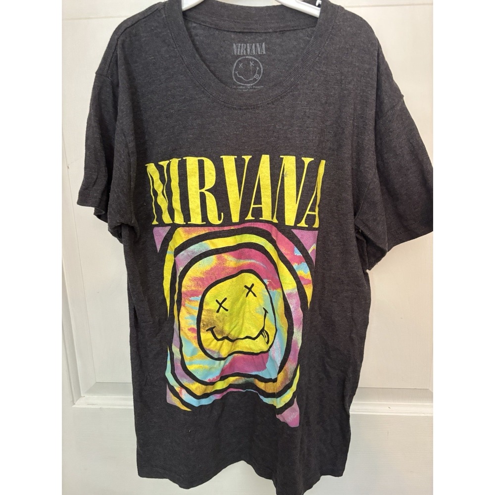 Nirvana Smiley Face 90's Music Band Tie Dye Logo Graphic Tee Grey T-shirt, XS